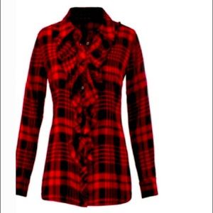 CAbi red plaid ruffle top